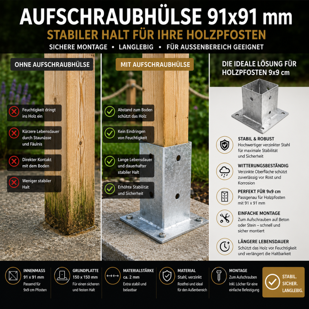 Aufschraubhülse 91×91 mm für Holzpfosten – Bild 2