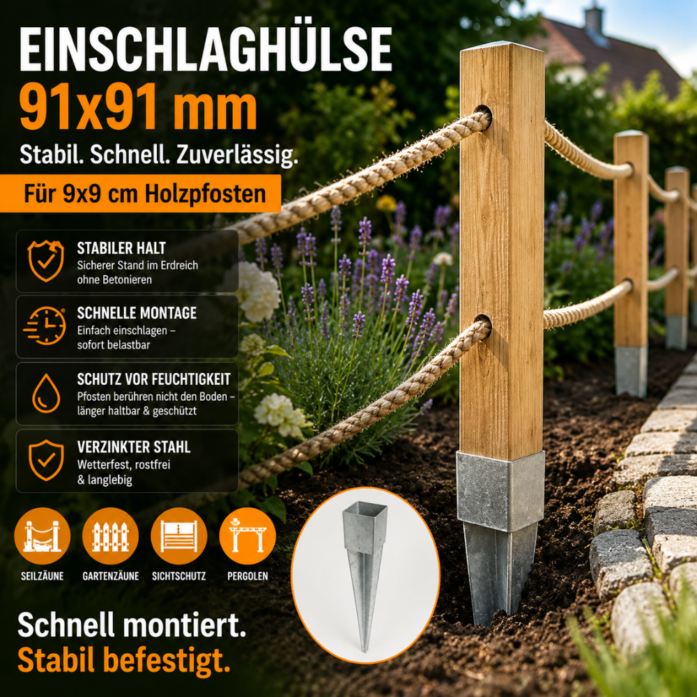 Einschlaghülse 91x91 mm aus verzinktem Stahl für Holzpfosten