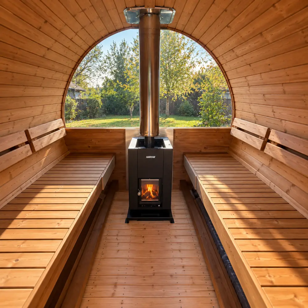 Saunafass Innenansicht mit Panoramafenster, Holzbänken und Harvia Holzofen