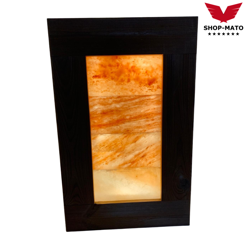 Salzkristalllampe groß Holzrahmen beleuchtet