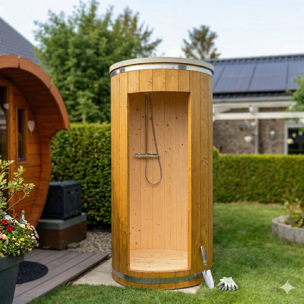 Gartendusche Fass aus Fichte – Outdoor Dusche aus Holz (42 mm, Premium) – Bild 2