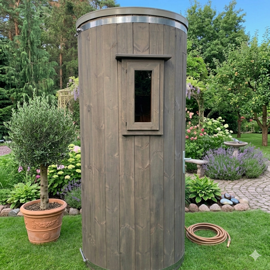 Gartendusche Fass aus Thermoholz – Premium Outdoor Dusche (42 mm) – Bild 2