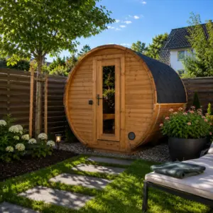 Fasssauna 200 cm aus Thermoholz mit großer Panoramascheibe und Vollglastür im Garten