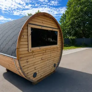 Fasssauna 200 cm aus Thermoholz Rückansicht