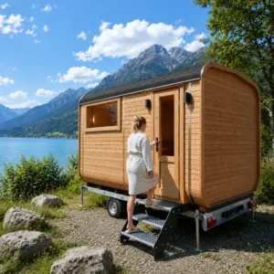 Sauna mit Vorraum und Seiteneingang am Stellplatz