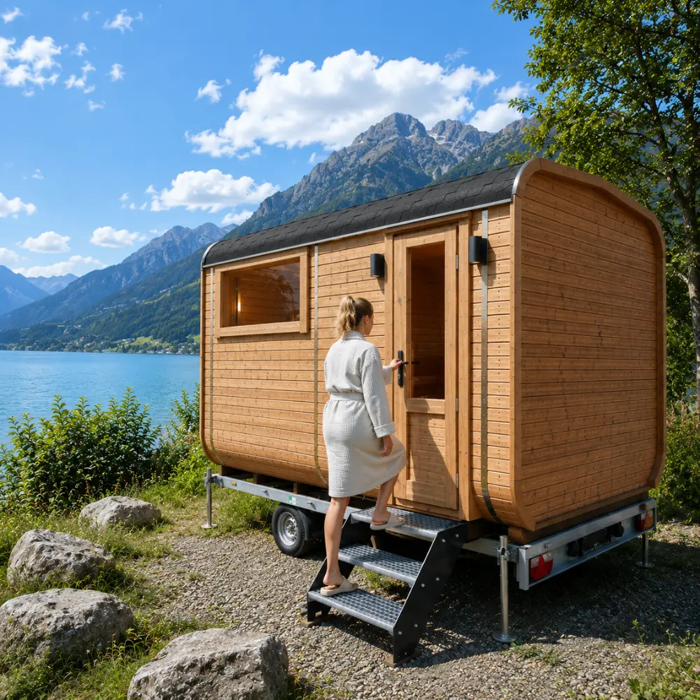 Sauna mit Vorraum und Seiteneingang am Stellplatz
