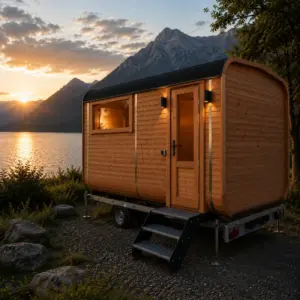 Sauna mit Vorraum und Seiteneingang am Stellplatz Nacht