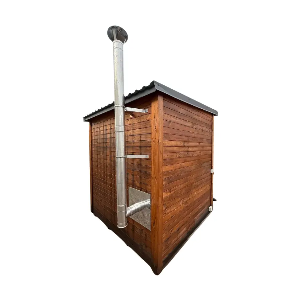 Thermoholz Gartensauna mit Holzofen sofort verfügbar Rückansicht