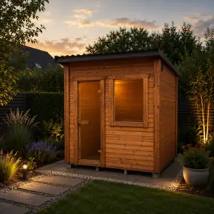 Thermoholz Gartensauna mit Holzofen sofort verfügbar im Garten