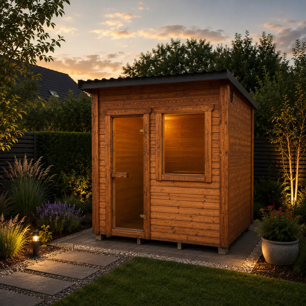 Thermoholz Gartensauna mit Holzofen sofort verfügbar im Garten