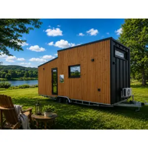 Seitenansicht des Autarken Tinyhauses 22 m² auf einer grünen Wiese