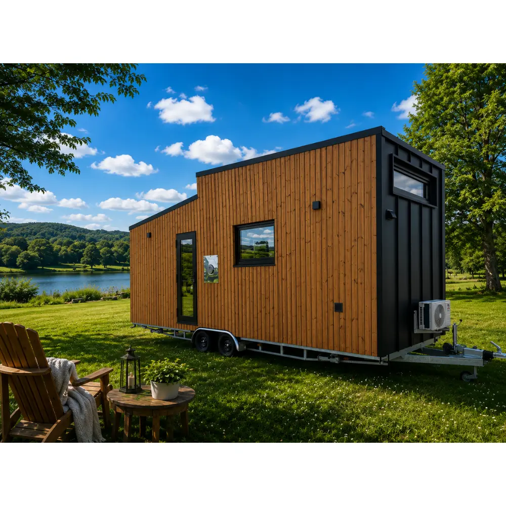 Seitenansicht des Autarken Tinyhauses 22 m² auf einer grünen Wiese