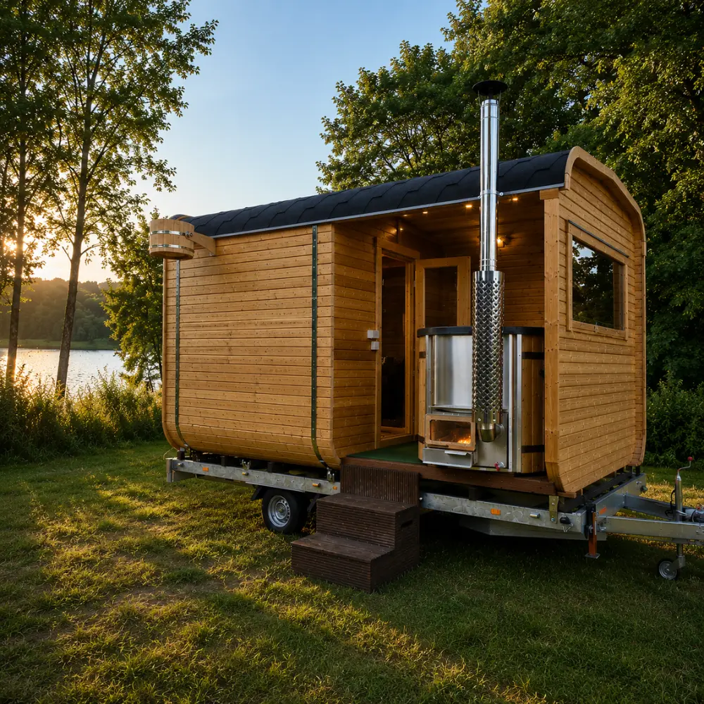 Wellness Cube Vorderansicht mit Sauna und Badefass
