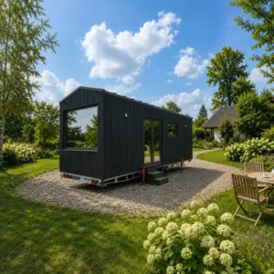 Tiny House 18 m² Ausstellungshaus mit Burntwood-Fassade im Garten