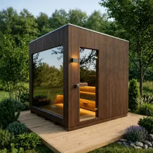 Design Gartensauna Vito 240x240 auf Holzterrasse mit großer Panorama-Glasscheibe