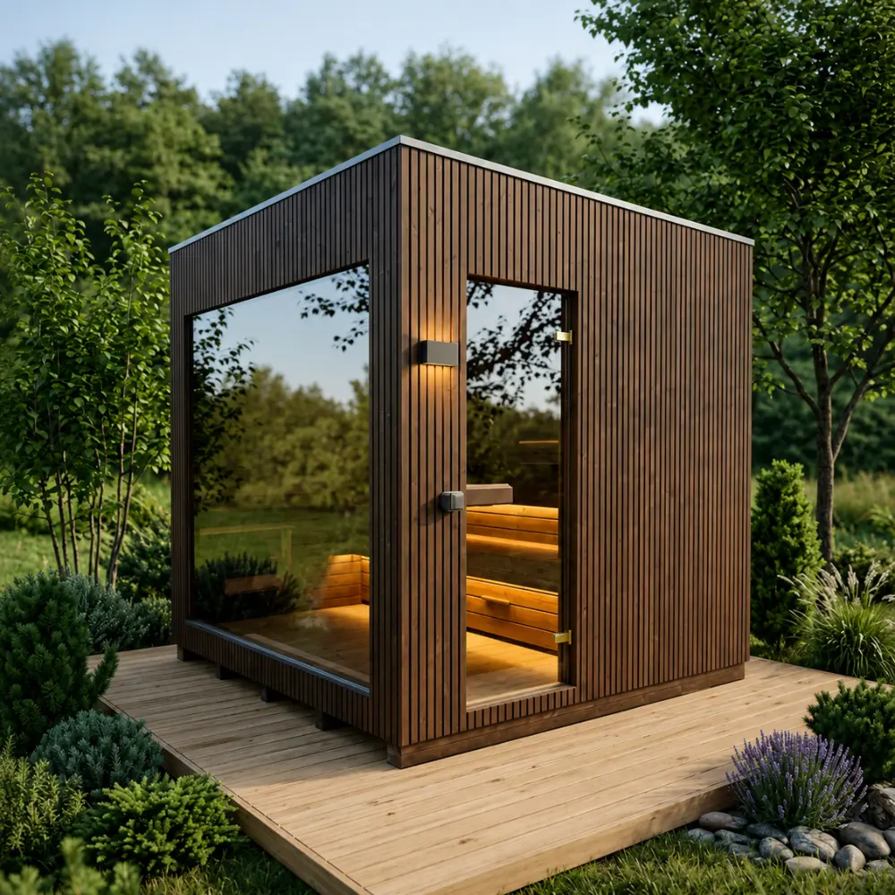 Design Gartensauna Vito 240x240 auf Holzterrasse mit großer Panorama-Glasscheibe