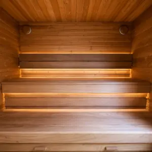 Design Gartensauna Vito 240x240 mit beleuchtetem Innenraum und zwei Saunabänken aus Abachi-Holz