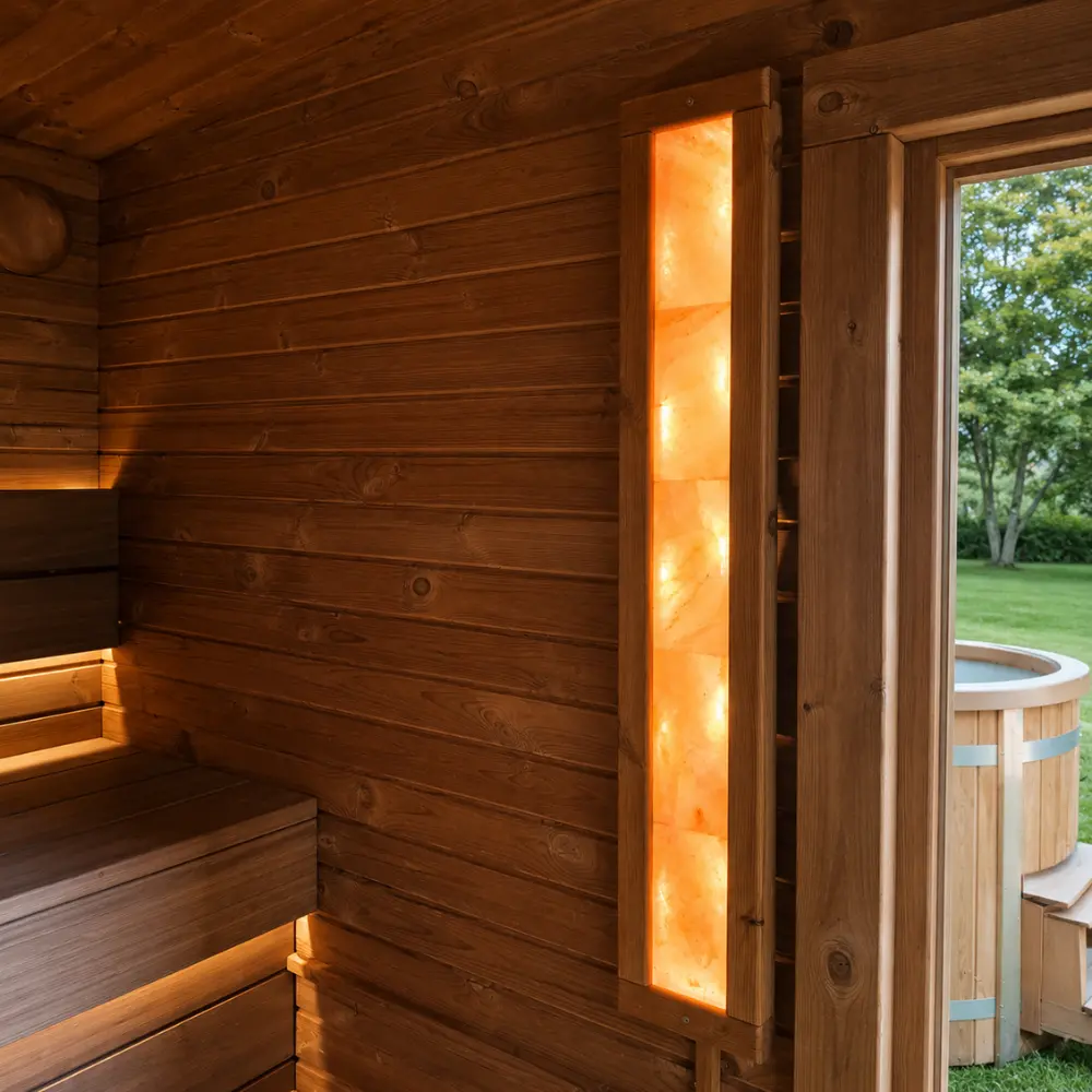 Beleuchtete Salzsteinlampe in der Design Gartensauna Vito 240x240