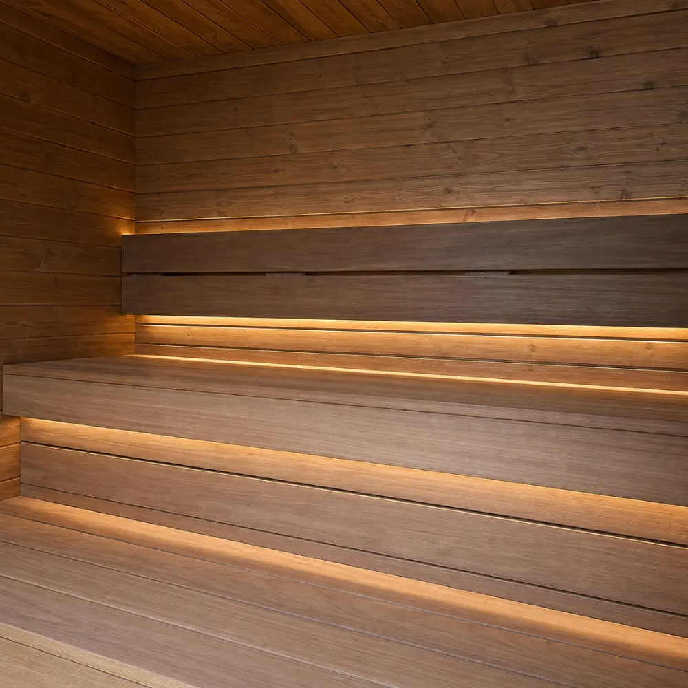 Ergonomische Abachi-Saunabänke mit indirekter LED-Beleuchtung in der Design Gartensauna Vito 240x240