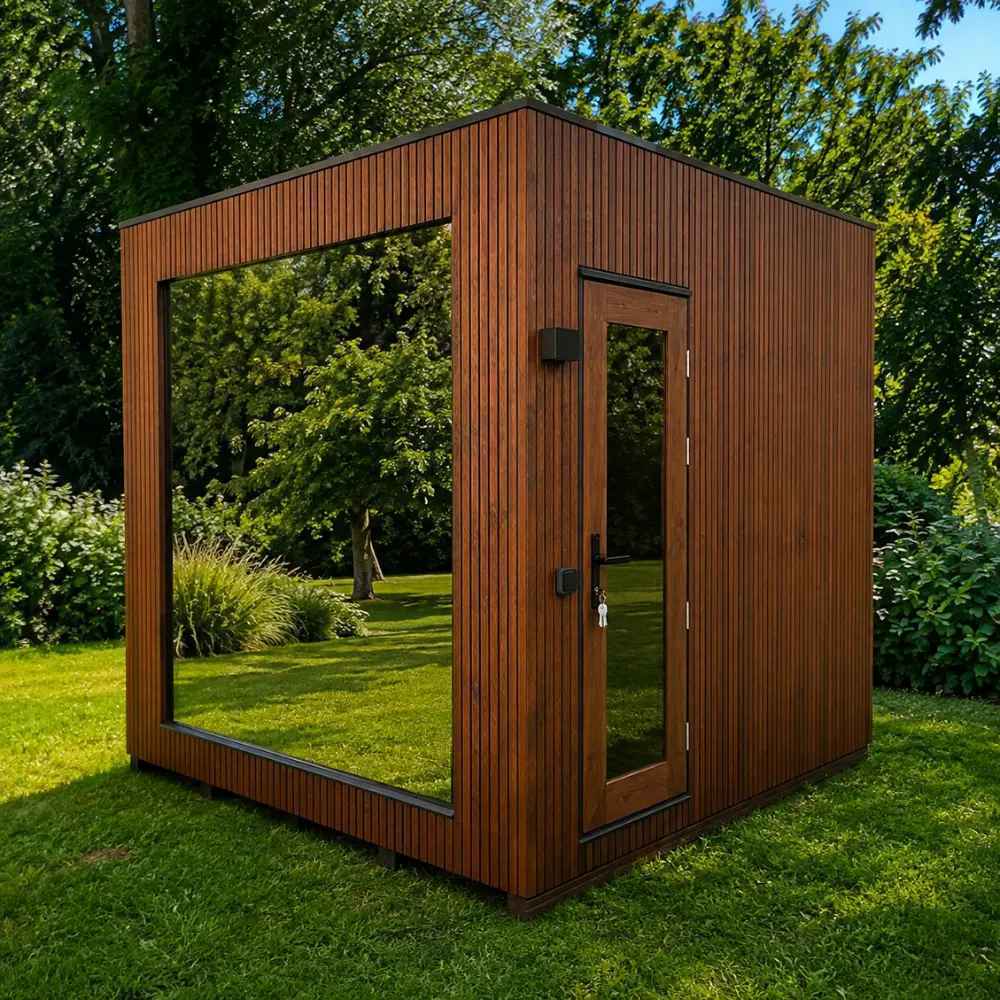 Premium Design Gartensauna Vito 240 × 240 cm aus Thermoholz mit Panorama-Glasfront – Bild 7