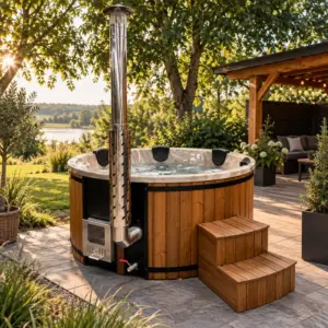 Hot Tub Premium mit Holzofen in natürlicher Gartenumgebung